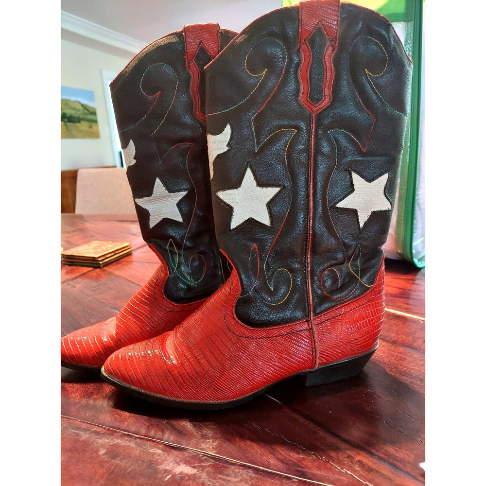 The Leather Collection Women 8 Red Lizard Print Star Inlay Western Cowboy Boots